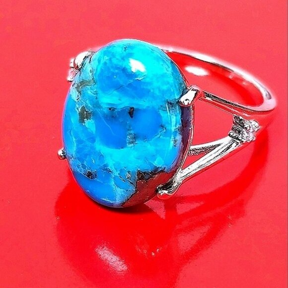 925 Sterling Silver Ring SZ 7 with Natural 12x15mm Turquoise Gemstone & CZ - Picture 3 of 12